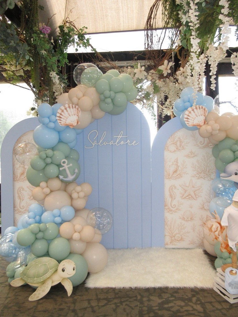 Under-the-sea baby shower balloon backdrop at Angelina's Ristorante, Staten Island